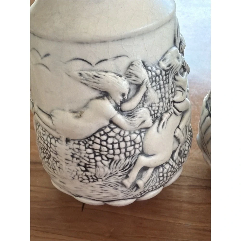 Vintage German-Style Salt Pepper Shakers Witch Rider Folklore EB Marked‎ Pair